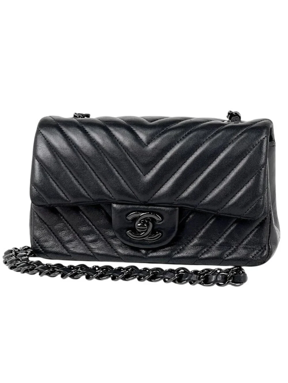 Chanel Stitch Chain Shoulder Bag CC Logo Blanc Leather Black